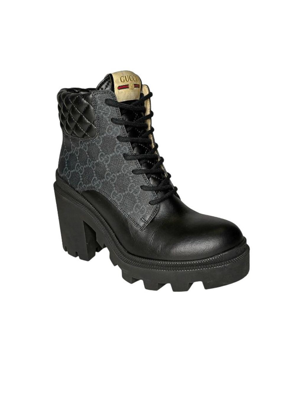 Gucci Apollo GG Monogram Combat Boots EU 37.5 Black Leather Canvas Lug Sole